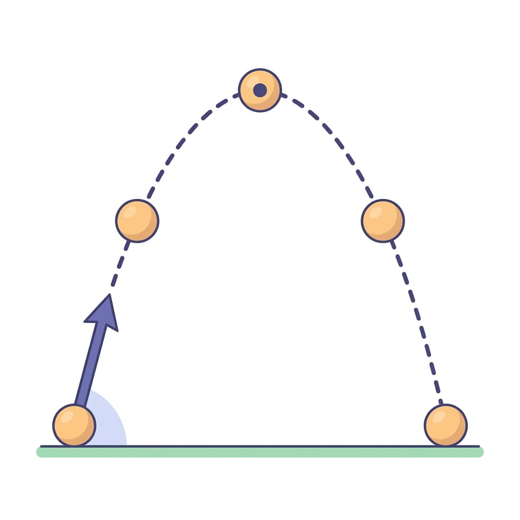 Projectile-motion diagram: a ball's parabolic flight with launch arrow, angle and peak marked